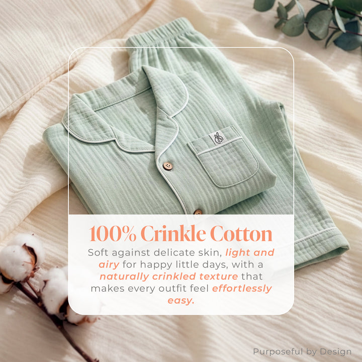 Pastelpops Sage Green Cotton Crinkle Night Suit - 2-4 Years