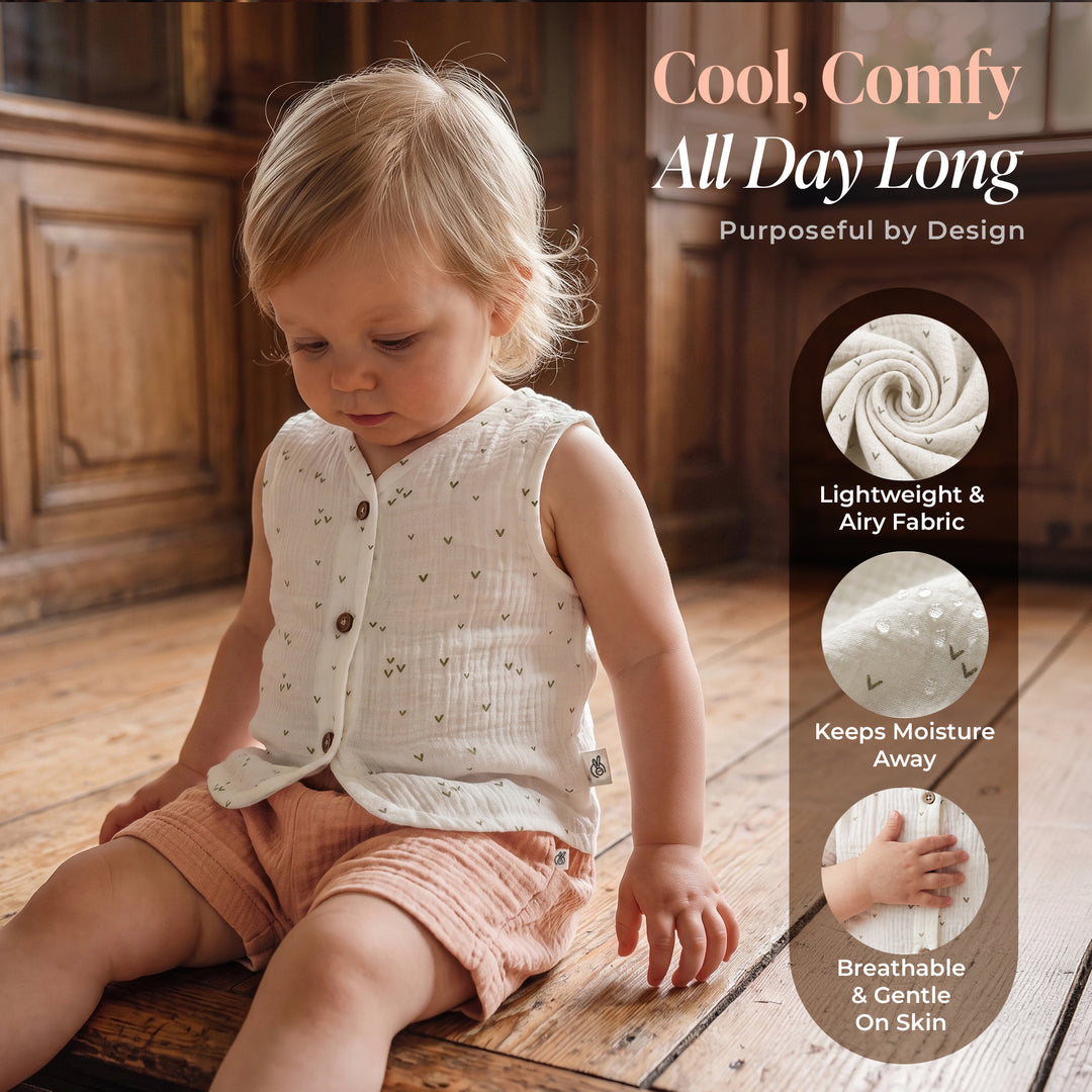 Pastelpops Multicolor Cotton Crinkle Front Open Vest With Shorts