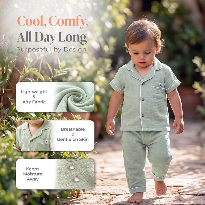 Pastelpops Sage Green Cotton Crinkle Night Suit - 2-4 Years
