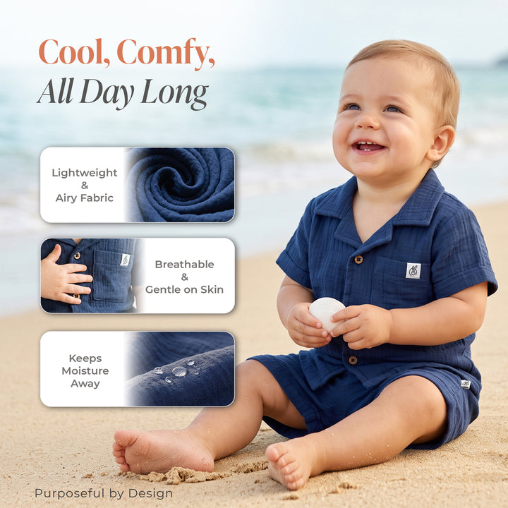 Pastelpops Light Navy Cotton Crinkle Front Open Shirt With Shorts