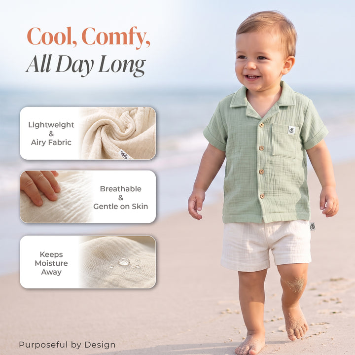 Pastelpops Sage Green & Off White Cotton Crinkle Front Open Shirt With Shorts - 2-4 Years