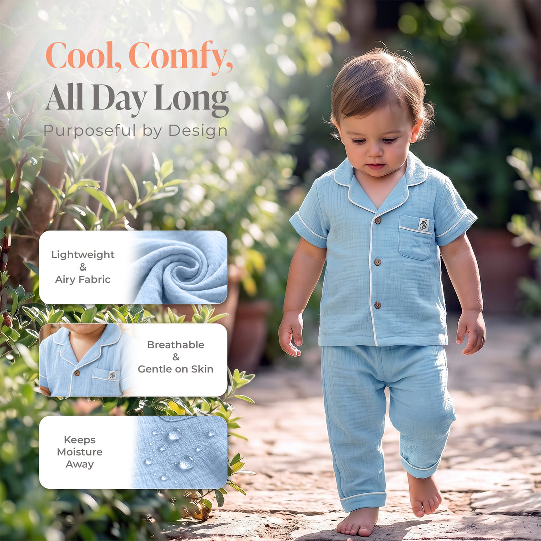 Pastelpops Powder Blue Cotton Crinkle Night Suit - 2-4 Years