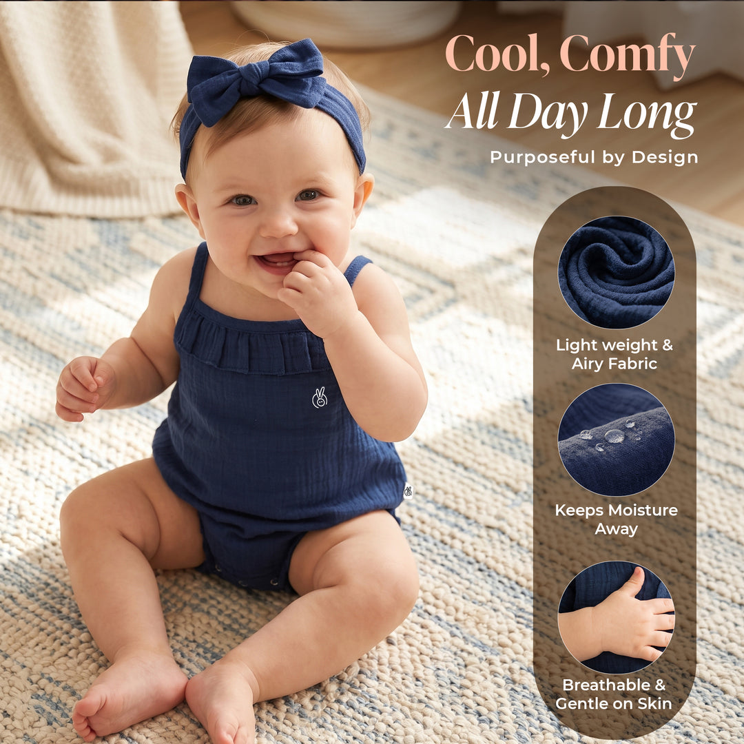 Pastelpops Light Navy Cotton Crinkle Spaghetti Ruffle Onesie