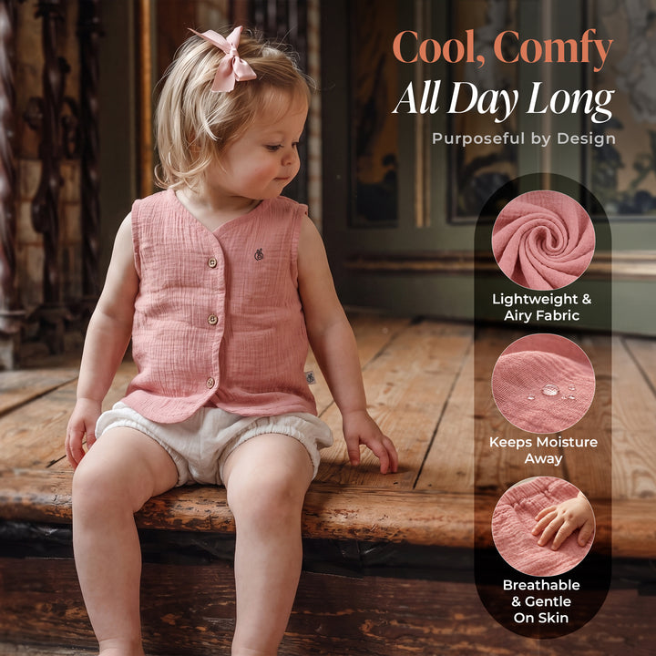 Pastelpops Multicolor Cotton Crinkle Front Open Vest & Bloomer 2-Piece Set (Design B)