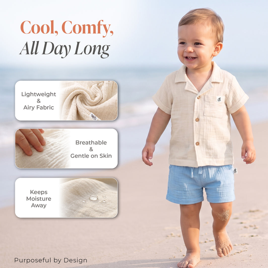 Pastelpops Off White & Powder Blue Cotton Crinkle Front Open Shirt With Shorts - 2-4 Years