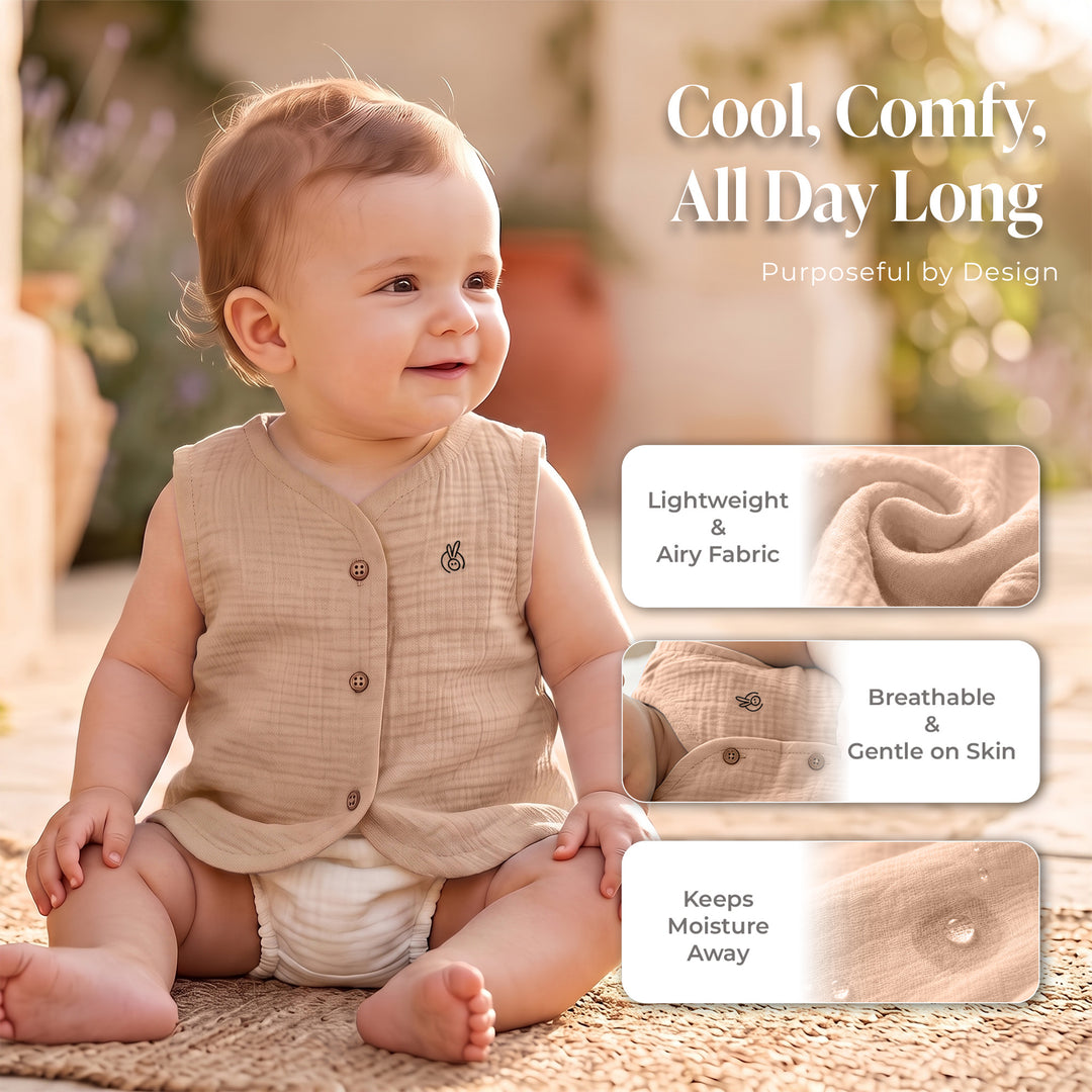 Pastelpops Multicolor Cotton Crinkle Front Open Vest Pack of 3 (Design C)