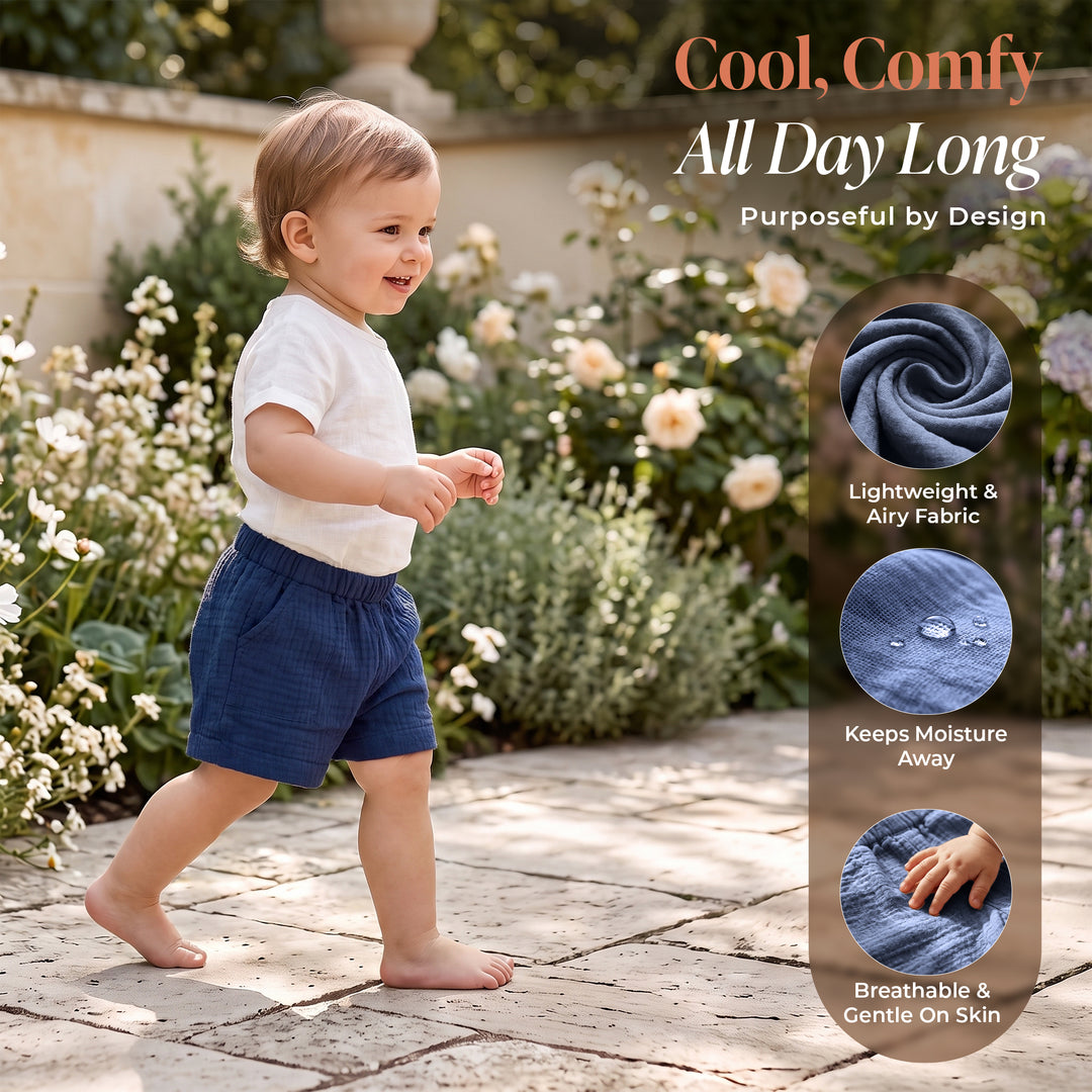 Pastelpops Light Navy Cotton Crinkle Pocket Shorts - 2-4 Years