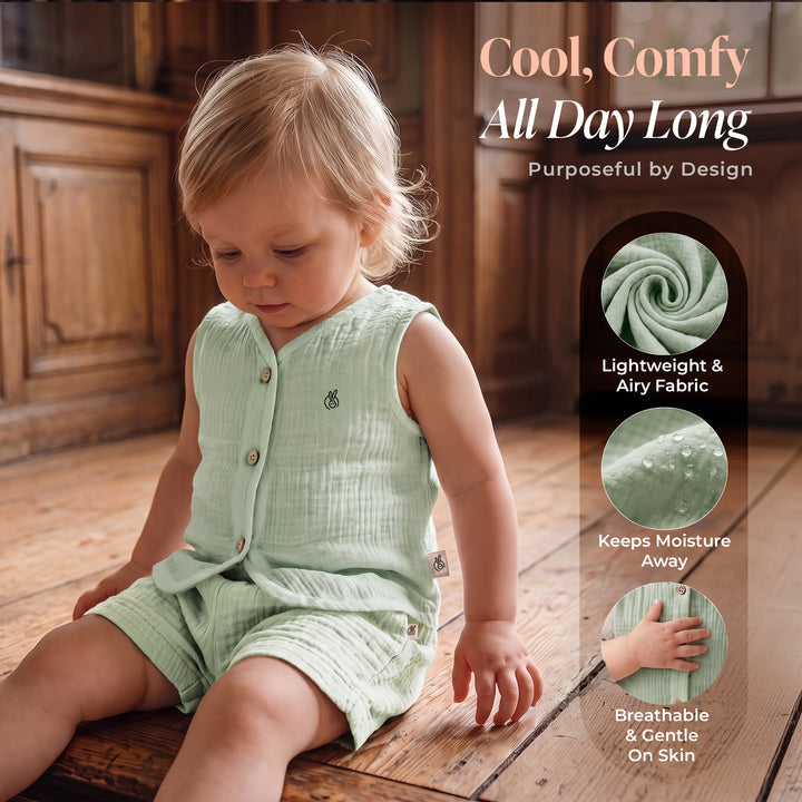 Pastelpops Sage Green Cotton Crinkle Front Open Vest With Shorts