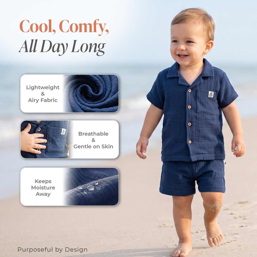Pastelpops Light Navy Cotton Crinkle Front Open Shirt With Shorts - 2-4 Years