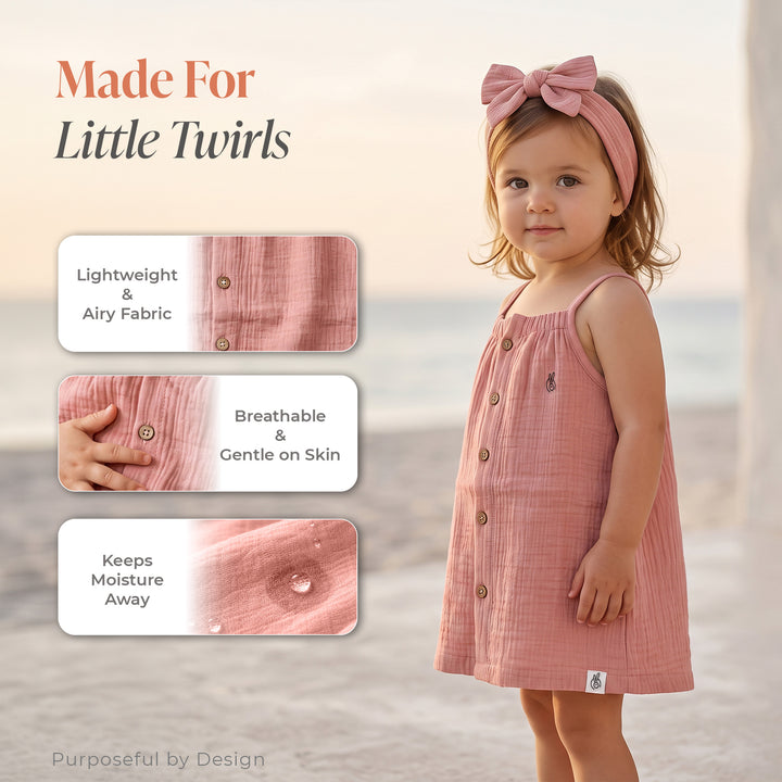 Pastelpops Dusty Rose Cotton Crinkle Aline Dress With Front Opening - 2-4 Years