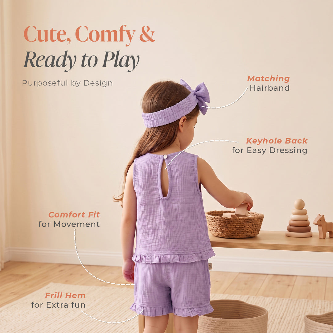 Pastelpops Purple Cotton Crinkle Frill Top & Frill Bottom - 2-4 Years