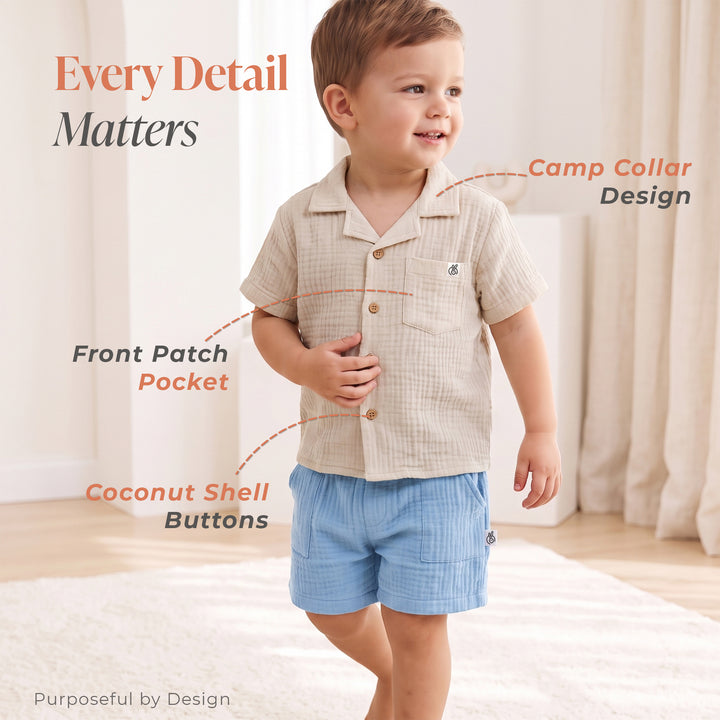 Pastelpops Off White & Powder Blue Cotton Crinkle Front Open Shirt With Shorts - 2-4 Years