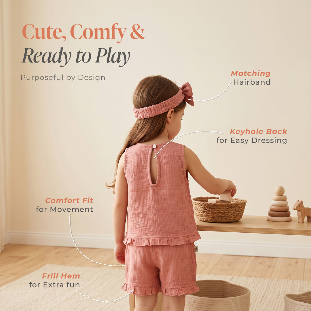 Pastelpops Dusty Rose Cotton Crinkle Frill Top & Frill Bottom - 2-4 Years