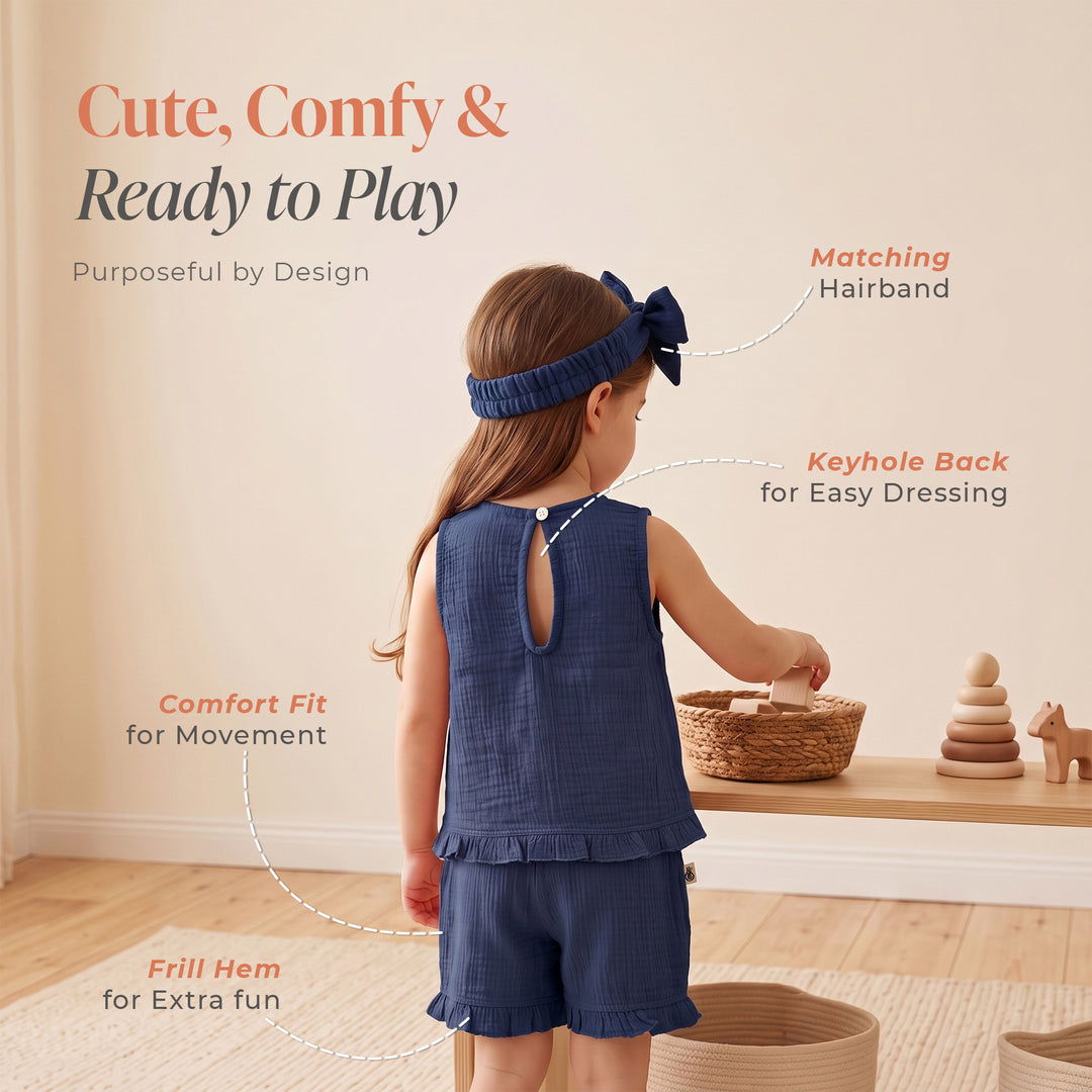 Pastelpops Light Navy Cotton Crinkle Frill Top & Frill Bottom - 2-4 Years