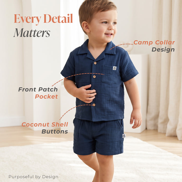 Pastelpops Light Navy Cotton Crinkle Front Open Shirt With Shorts - 2-4 Years