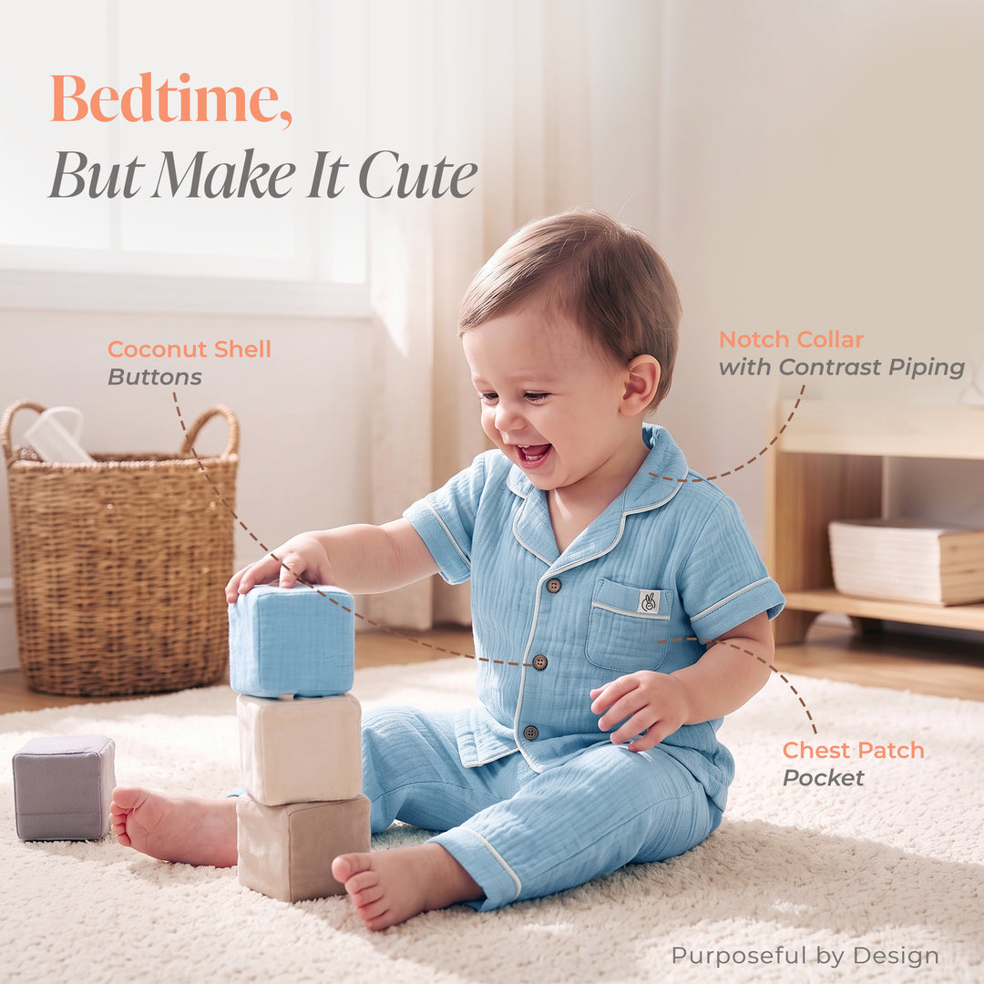 Pastelpops Powder Blue Cotton Crinkle Night Suit - 2-4 Years