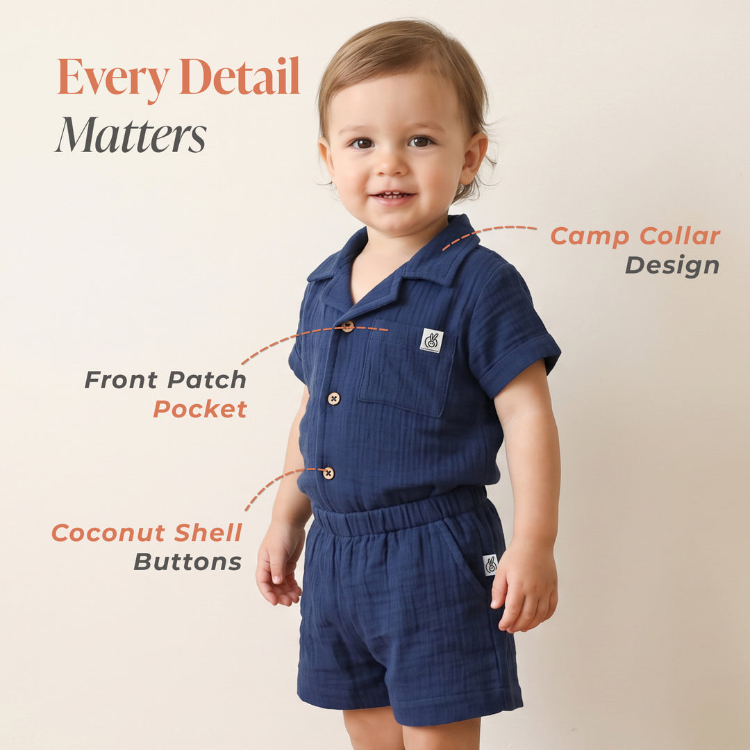 Pastelpops Light Navy Cotton Crinkle Front Open Shirt With Shorts
