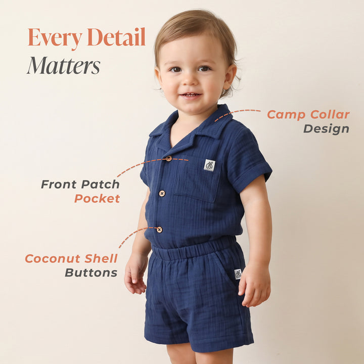 Pastelpops Light Navy Cotton Crinkle Front Open Shirt With Shorts