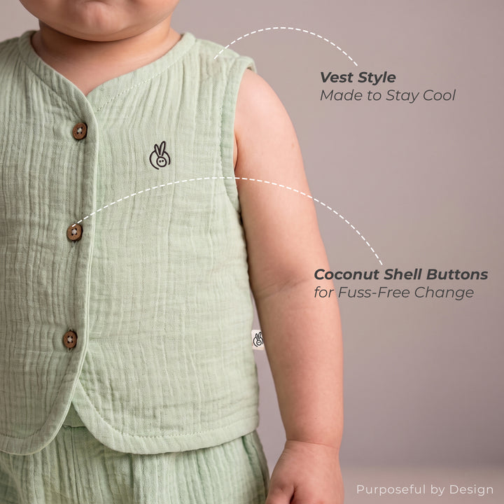 Pastelpops Sage Green Cotton Crinkle Front Open Vest With Shorts