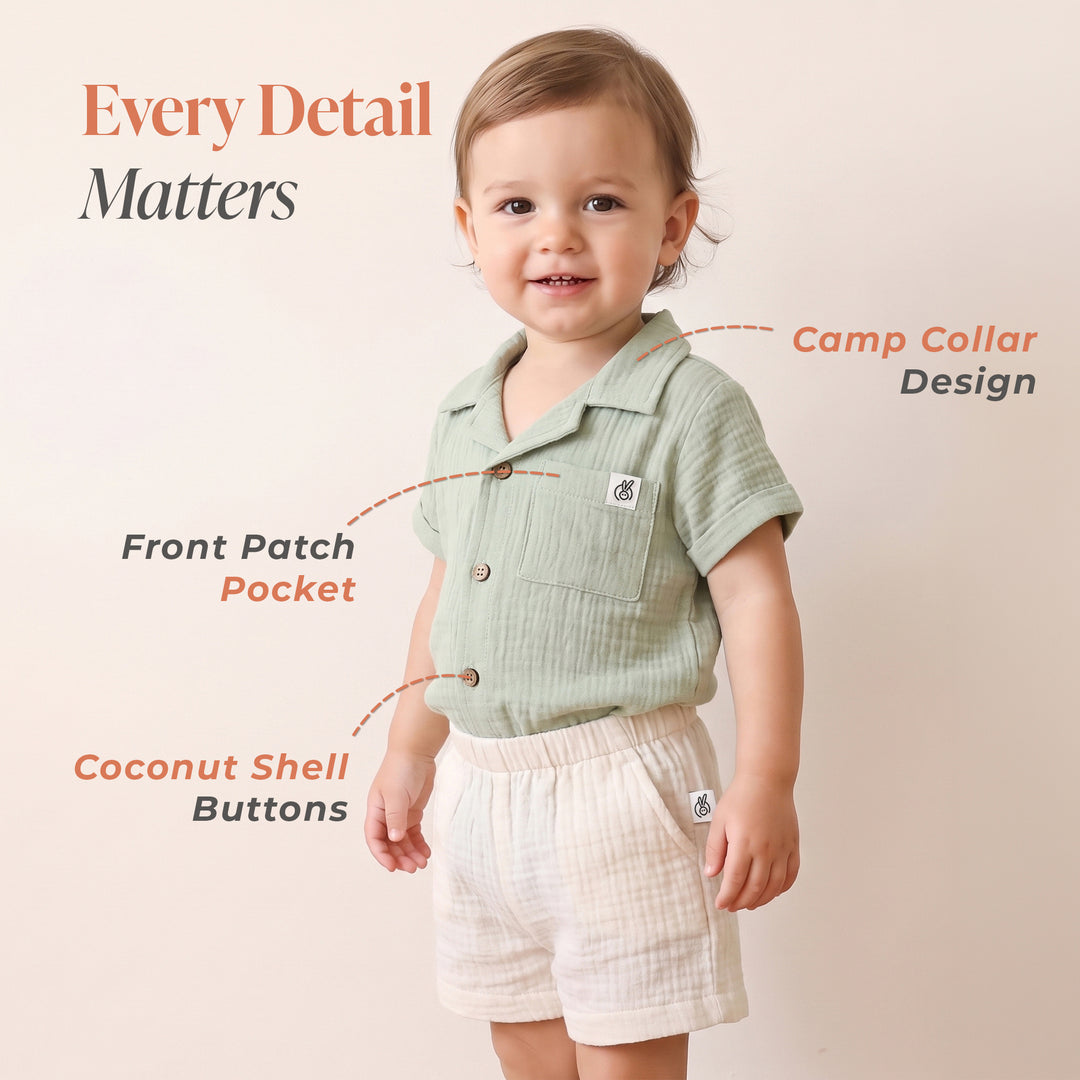 Pastelpops Sage Green & Off White Cotton Crinkle Front Open Shirt With Shorts