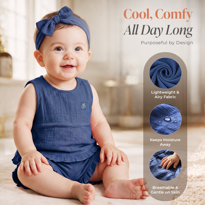 Pastelpops Light Navy Cotton Crinkle Frill Top & Frill Bottom