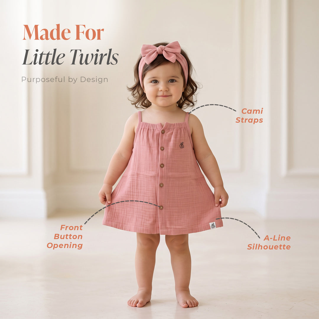 Pastelpops Dusty Rose Cotton Crinkle Aline Dress With Front Opening - 2-4 Years