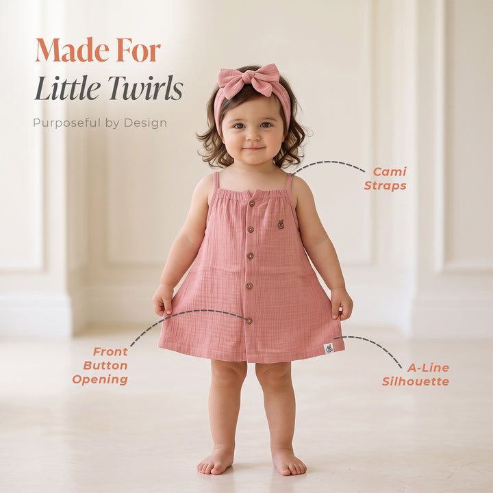 Pastelpops Dusty Rose Cotton Crinkle Aline Dress With Front Opening - 2-4 Years