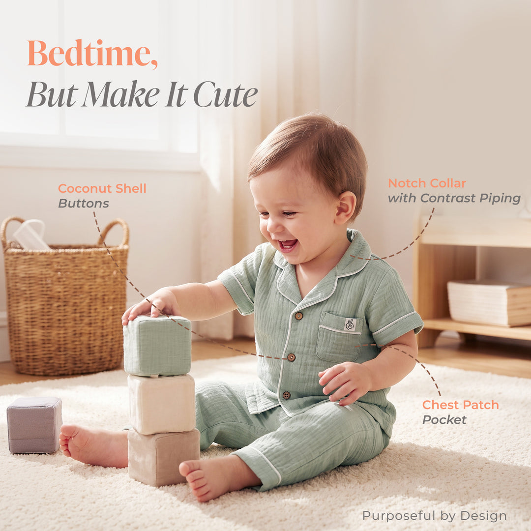 Pastelpops Sage Green Cotton Crinkle Night Suit - 2-4 Years