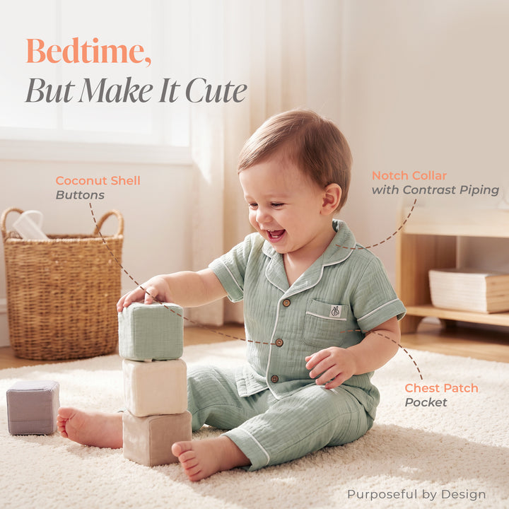 Pastelpops Sage Green Cotton Crinkle Night Suit - 2-4 Years