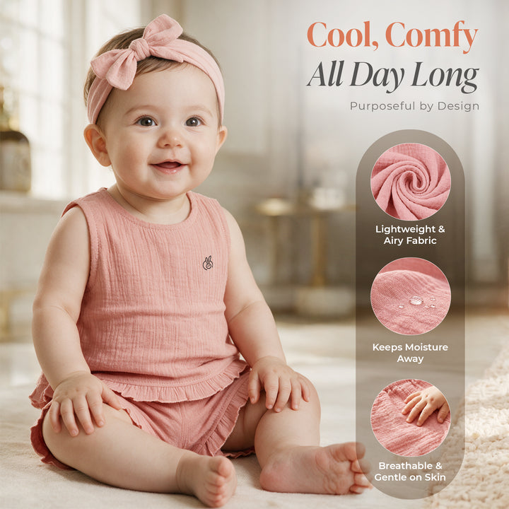 Pastelpops Dusty Rose Cotton Crinkle Frill Top & Frill Bottom