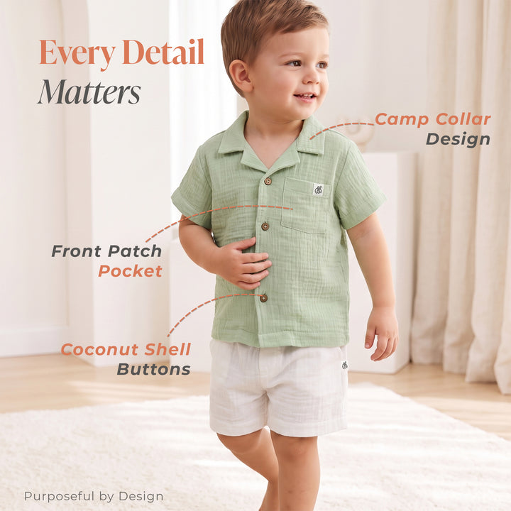 Pastelpops Sage Green & Off White Cotton Crinkle Front Open Shirt With Shorts - 2-4 Years