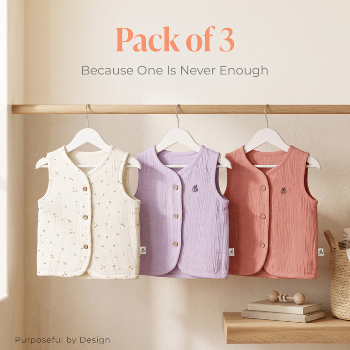 Pastelpops Multicolor Cotton Crinkle Front Open Vest Pack of 3 (Design B)