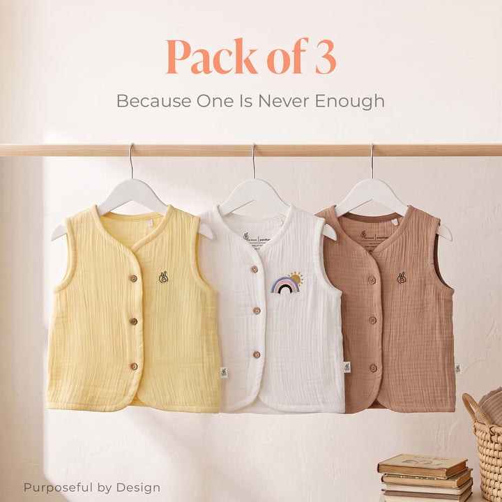 Pastelpops Multicolor Cotton Crinkle Front Open Vest Pack of 3 (Design C)