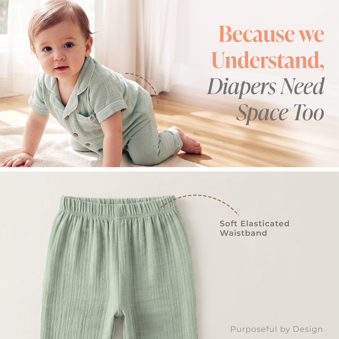 Pastelpops Sage Green Cotton Crinkle Night Suit - 2-4 Years