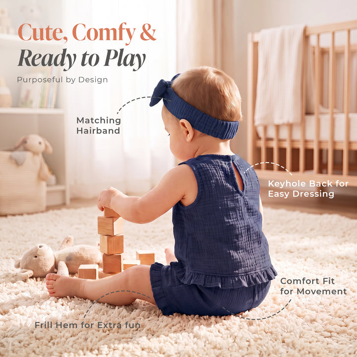 Pastelpops Light Navy Cotton Crinkle Frill Top & Frill Bottom
