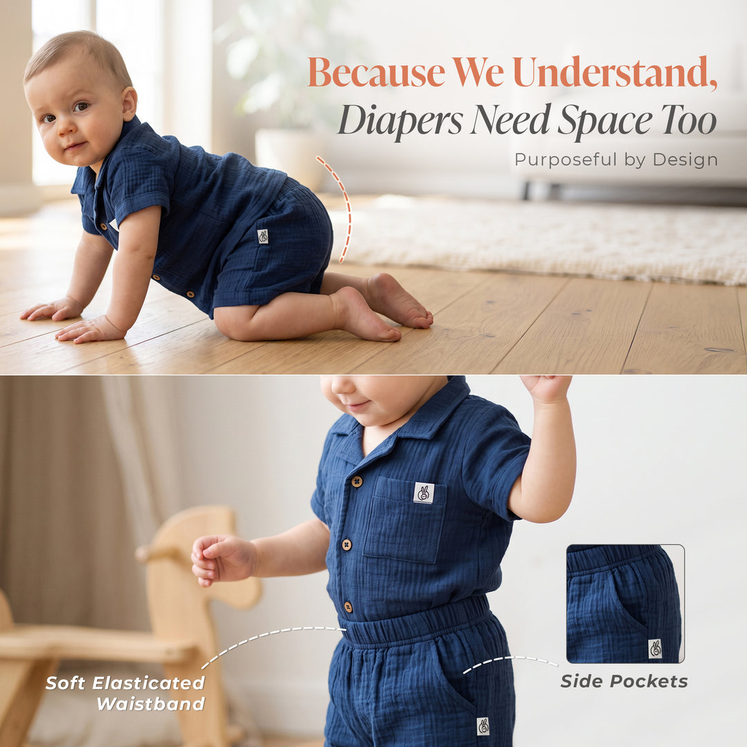 Pastelpops Light Navy Cotton Crinkle Front Open Shirt With Shorts