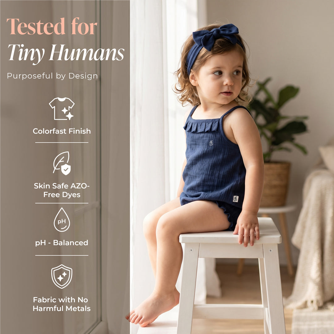 Pastelpops Light Navy Cotton Crinkle Spaghetti Ruffle Onesie