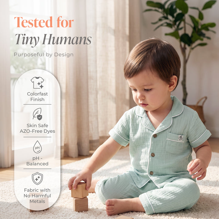 Pastelpops Sage Green Cotton Crinkle Night Suit - 2-4 Years