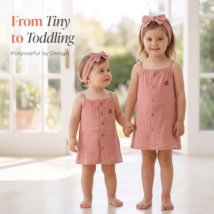 Pastelpops Dusty Rose Cotton Crinkle Aline Dress With Front Opening - 2-4 Years