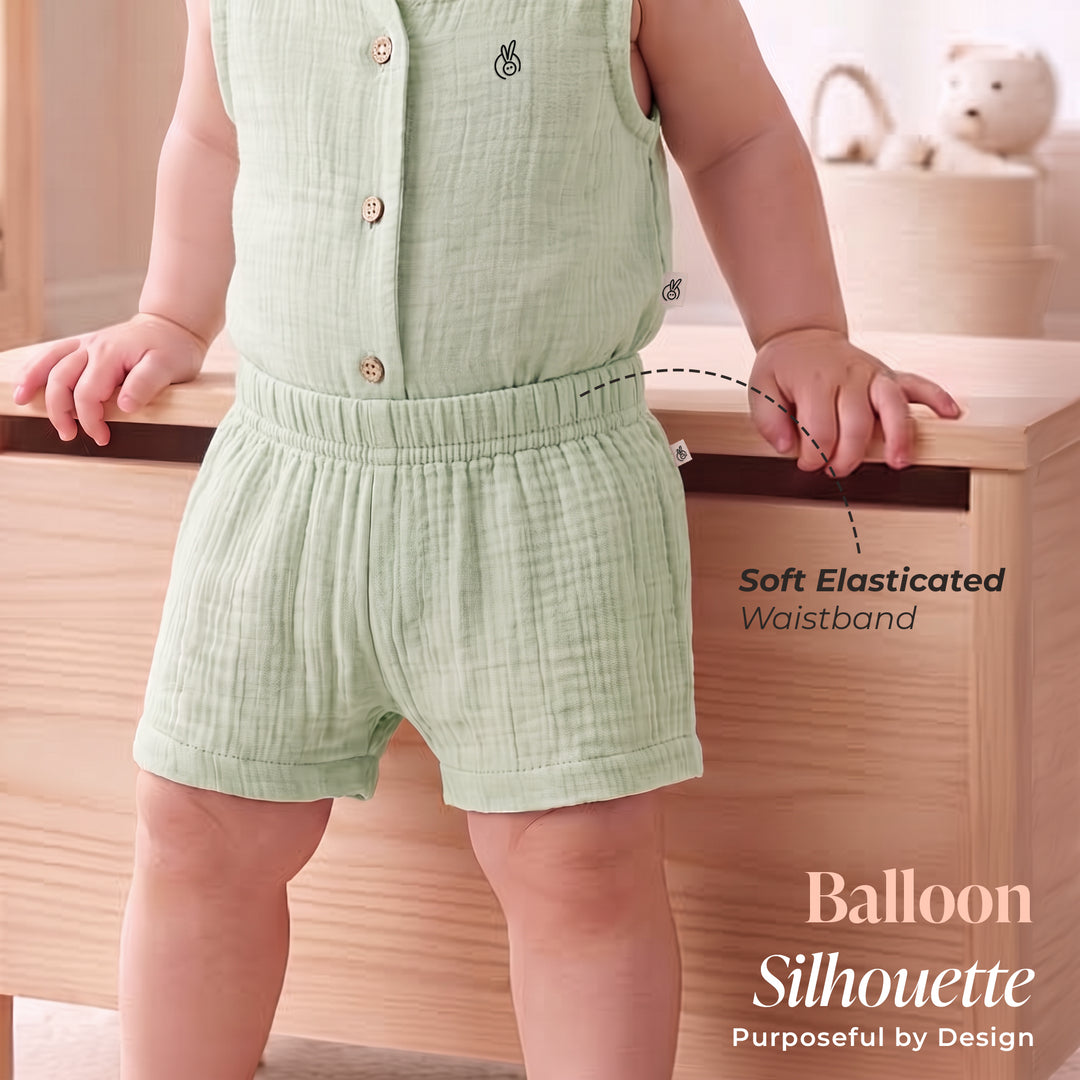 Pastelpops Sage Green Cotton Crinkle Front Open Vest With Shorts