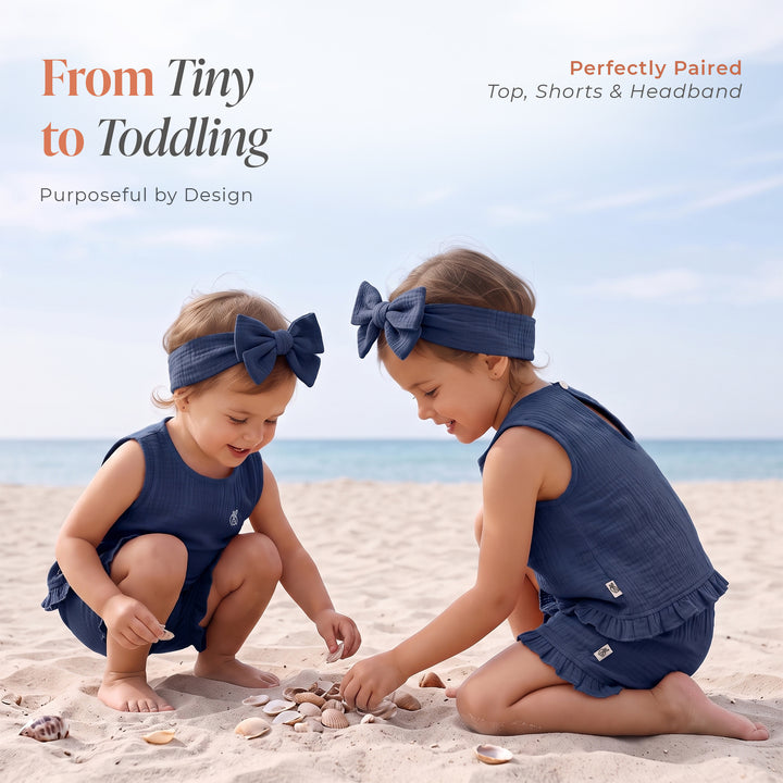 Pastelpops Light Navy Cotton Crinkle Frill Top & Frill Bottom - 2-4 Years