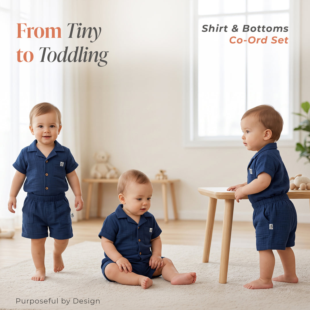 Pastelpops Light Navy Cotton Crinkle Front Open Shirt With Shorts