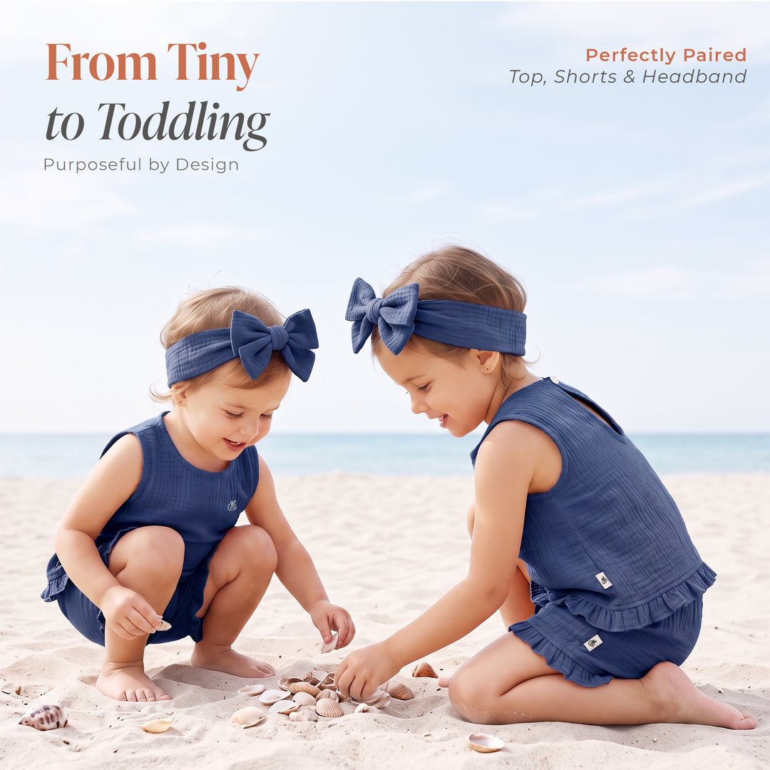 Pastelpops Light Navy Cotton Crinkle Frill Top & Frill Bottom