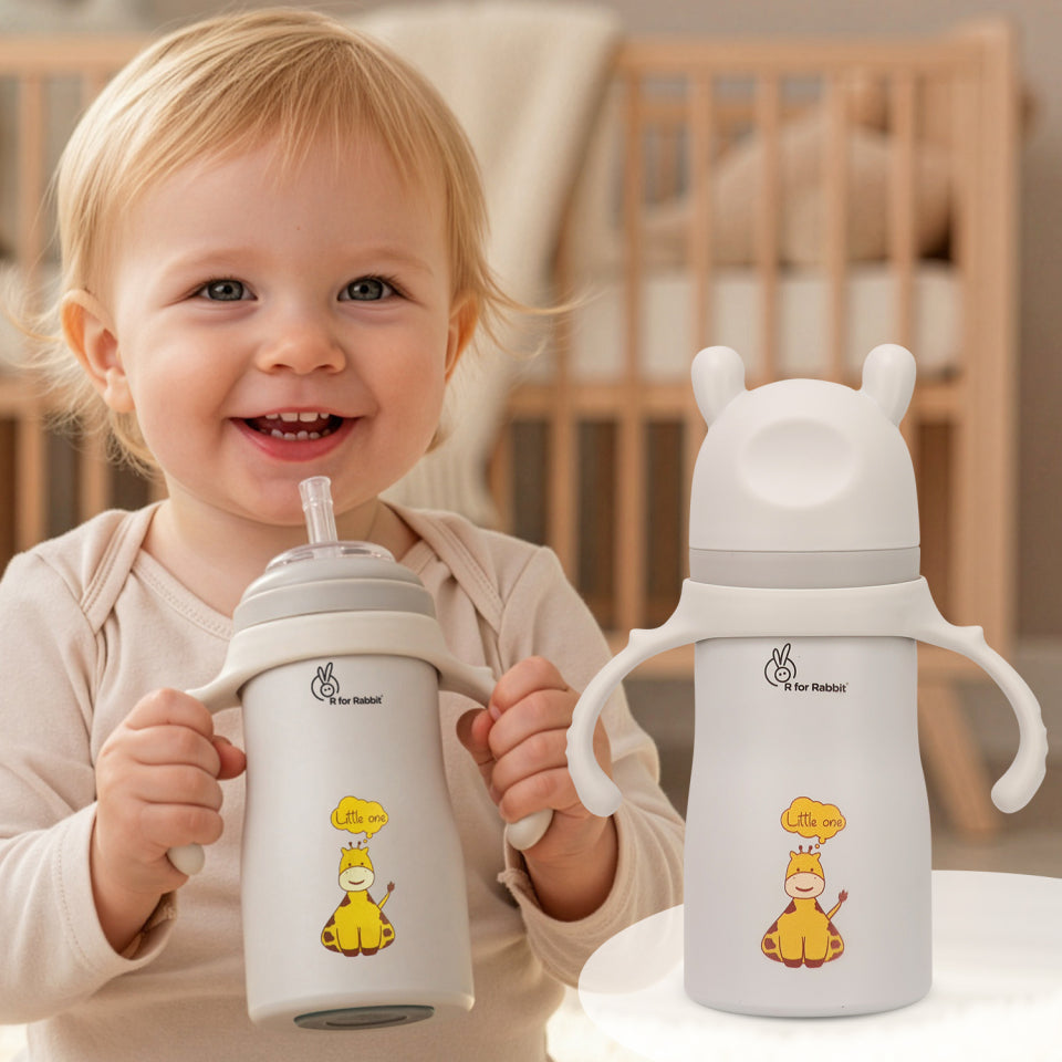 Steebo Tiny Tales 2 in 1 Spout and Straw Sipper Stainless Steel Bottle For Kids 270ml - Beige