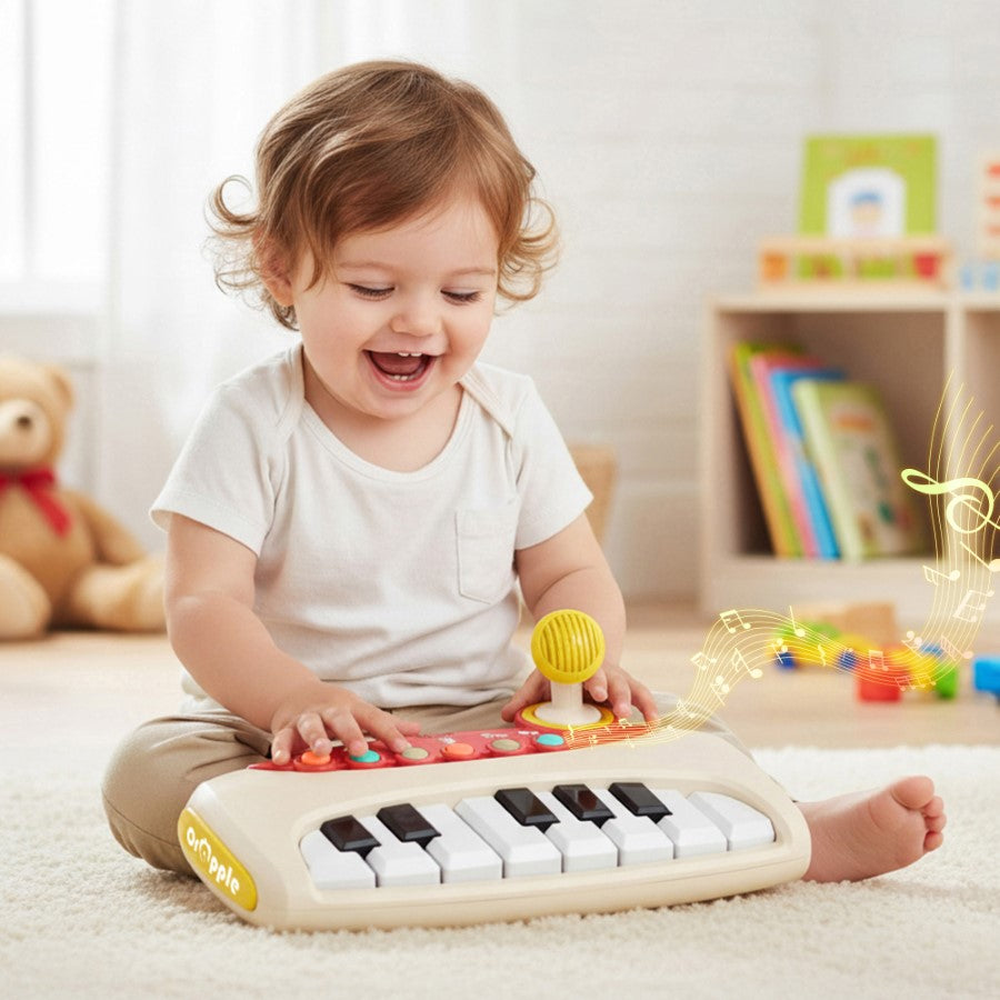 Orapple Funtunes Piano Musical Toy for Kids with Lights, Record & Play Function, 5-Level Volume Control & BIS Certified Safety (12+ Months) - Beige Multi