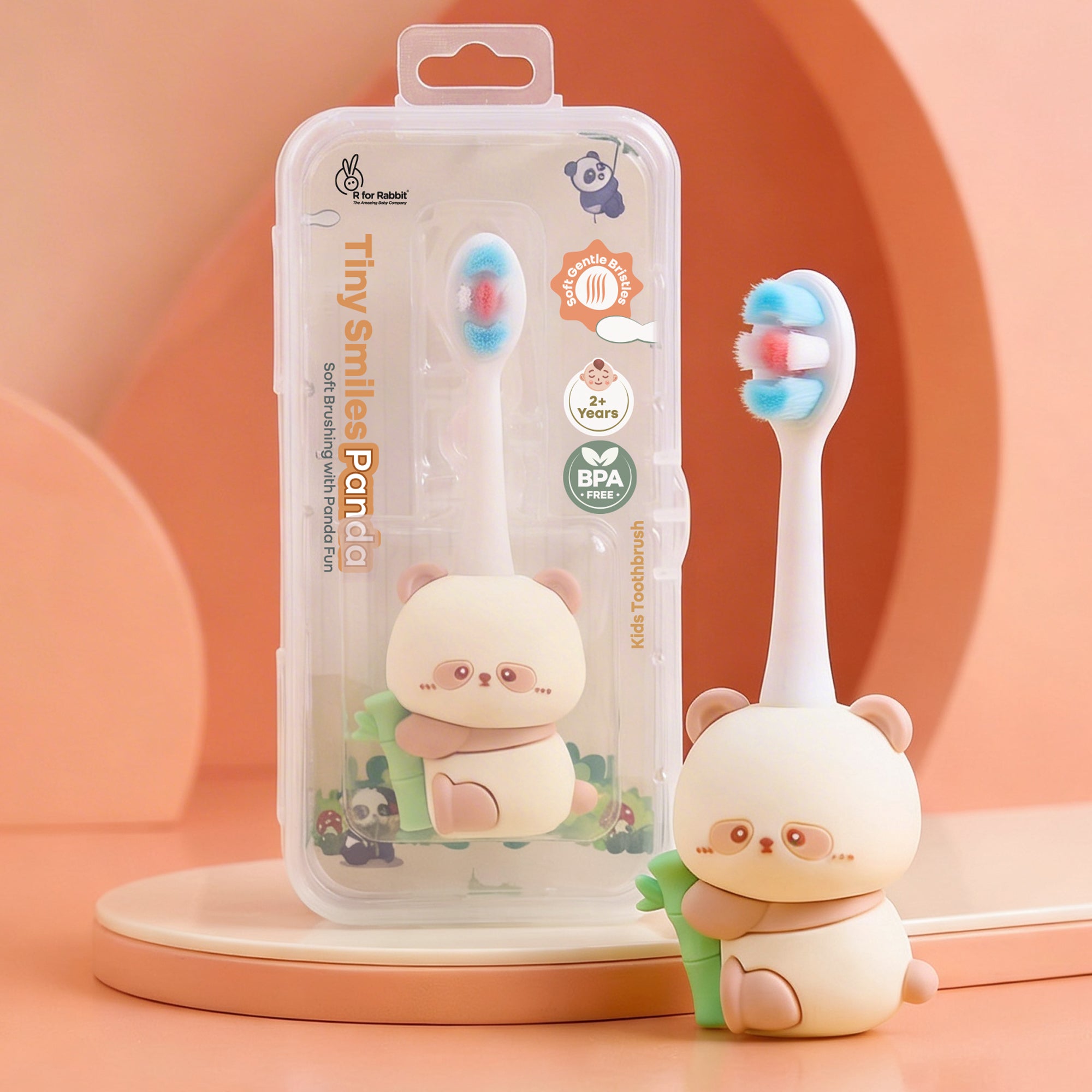 Tiny Smiles Panda Kids Toothbrush, Ultra Soft PBT Bristles Brush, BPA Free, Self-Standing with Travel Case - Beige