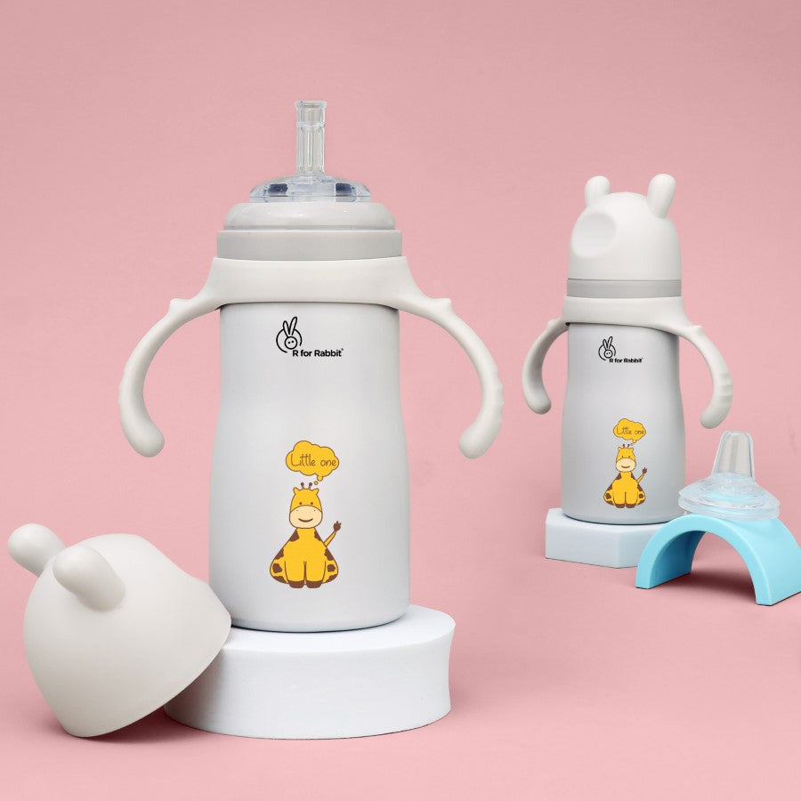 Steebo Tiny Tales Spout and Straw Sipper SS Bottle 270ml Personalized Name - Beige