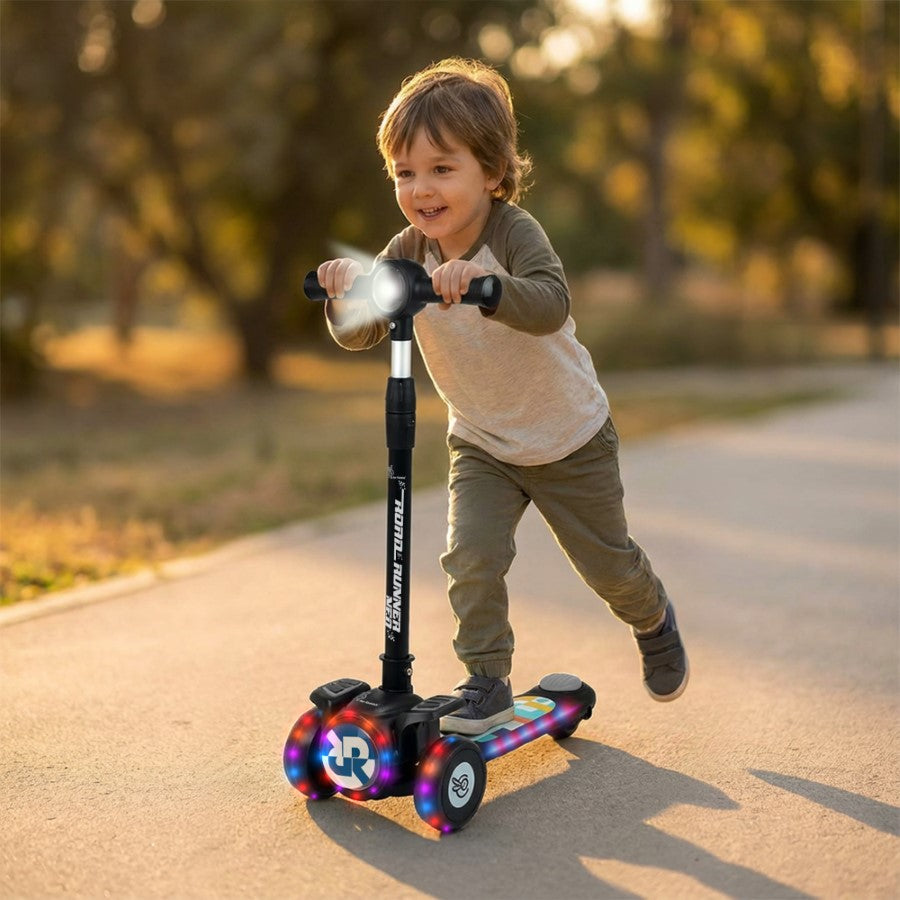 Road Runner Neo Kids Scooter with LED PU Wheels, Music, Gravity Steering, 4-Level Height Adjustment & BIS Certified Safety (3+ Years) - Black