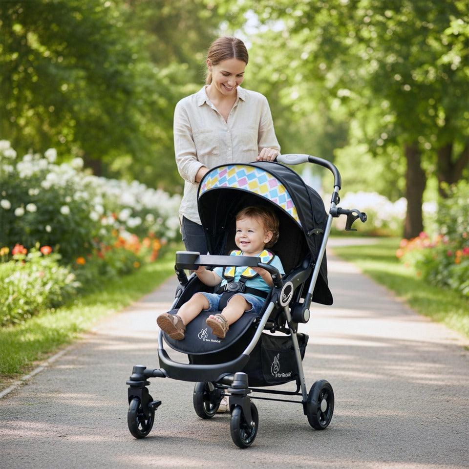 Chocolate Ride Stroller For Kids Reversible Handle, Multiple Recline Positions, Cup Holder with Meal Tray, 5 Point Safety Harness, Storage Basket - Black Multi
