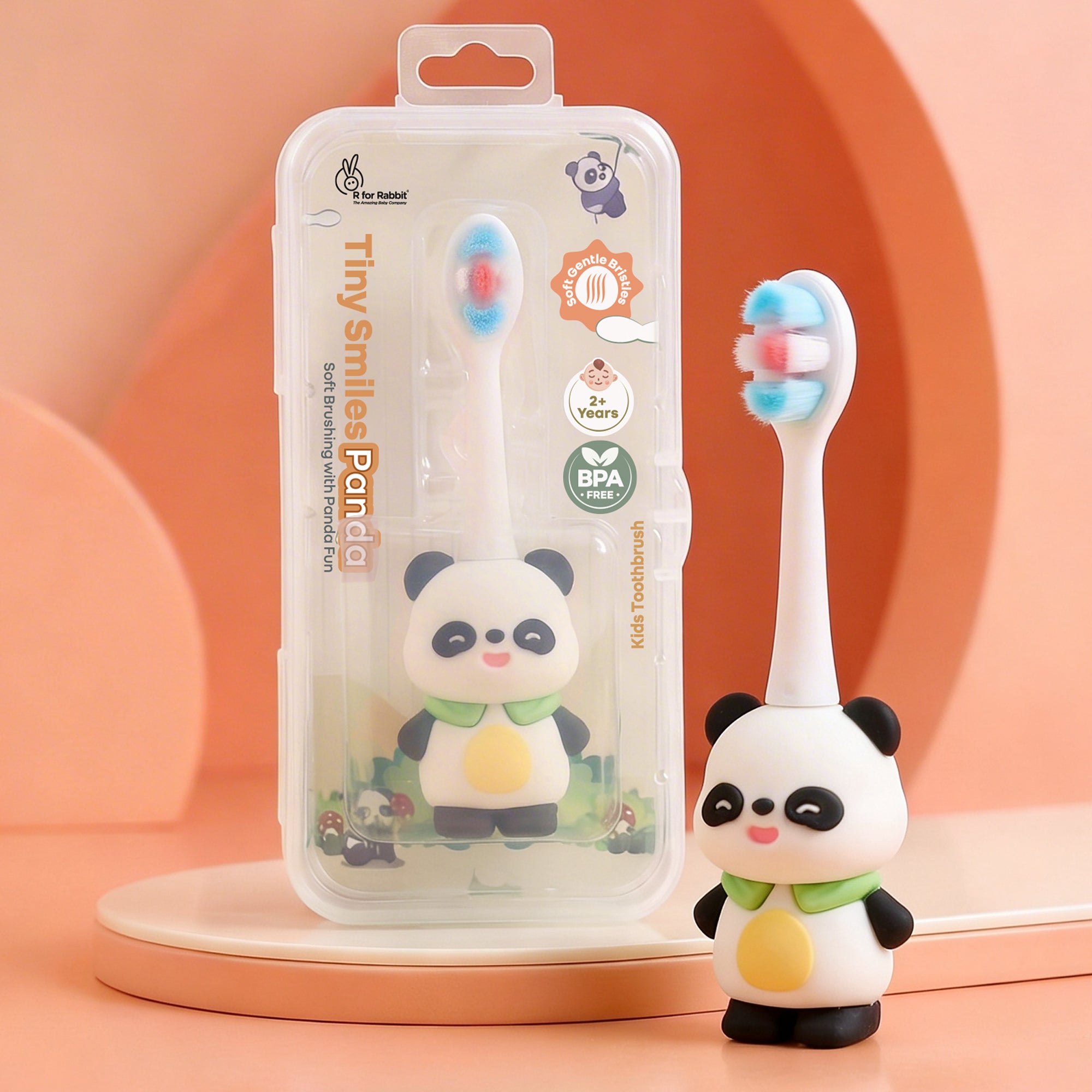 Tiny Smiles Panda Kids Toothbrush, Ultra Soft PBT Bristles Brush, BPA Free, Self-Standing with Travel Case - Black